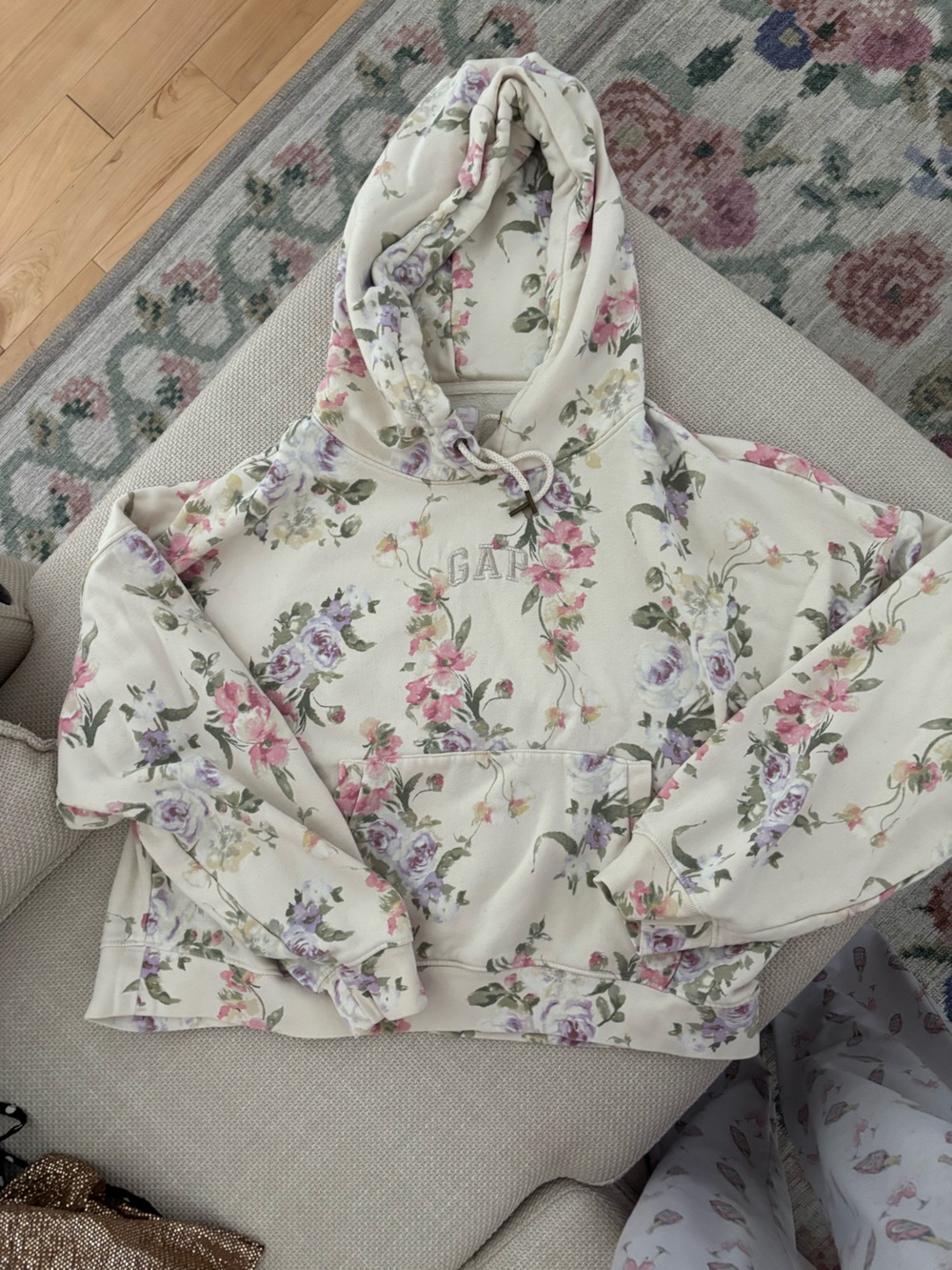 LoveShackFancy Cream Floral Hooded Pullover with Pink & Lavender Blooms